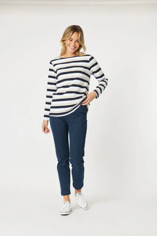 Model wearing Stone Laguna Stripe Long Sleeve Tee By Gordon Smith Available at Beetees Nelson