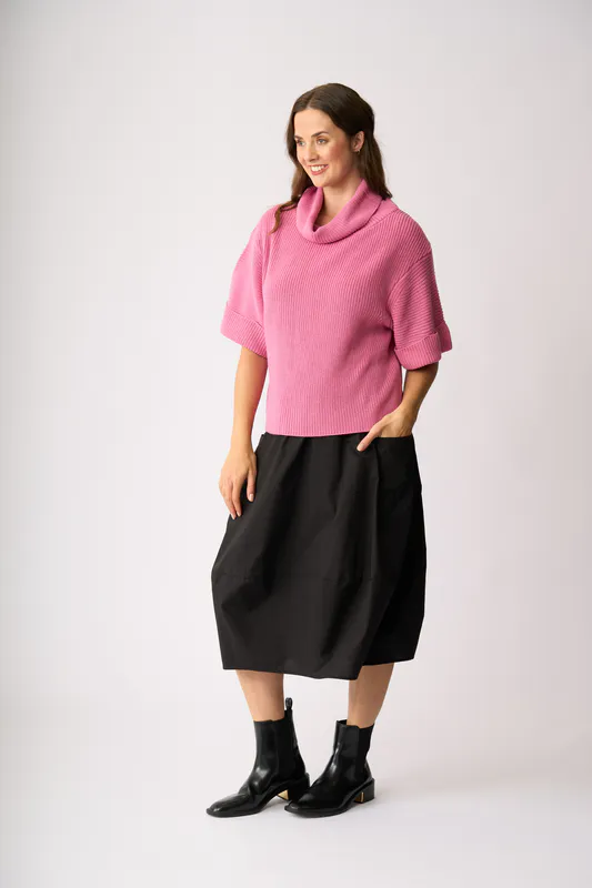 Model wearing Pink Cowl Neck Rib Jumper By Foil Available at Beetees Nelson