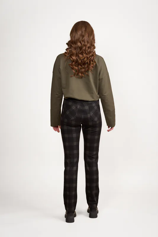 Model wearing Harlow Slim Leg Full Length Elastic Waist Printed Ponti Pull On By Vassalli Available at Beetees Nelson