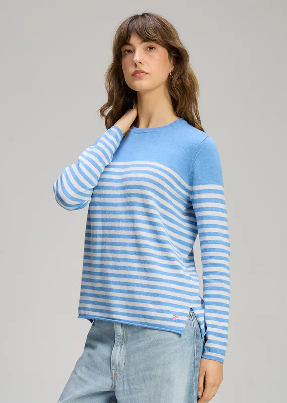 Model wearing Blueberry Detail Stripe Crew By Zaket & Plover Available at Beetees Nelson