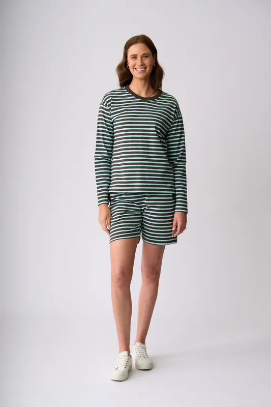 Model wearing Chocolate Seabreeze Stripe Stewart Sweater By Charlie Jane Available at Beetees Nelson