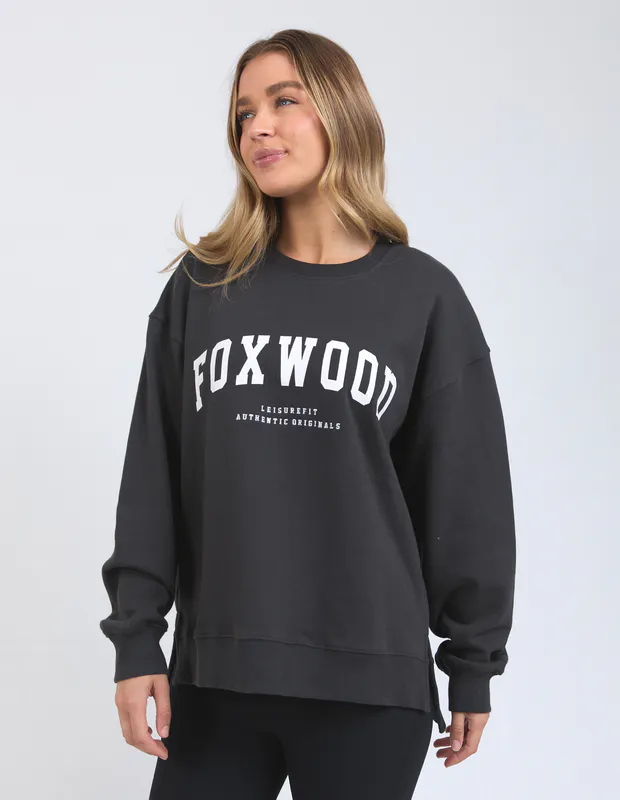 Model wearing Dark Grey Interval Crew By Foxwood Available at Beetees Nelson