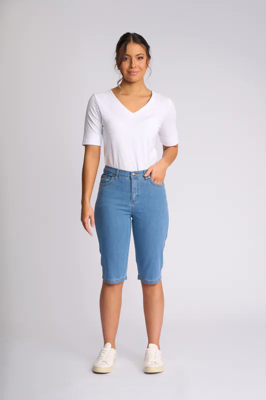 Model wearing Light Denim Alfa Short By Vassalli Available at Beetees Nelson