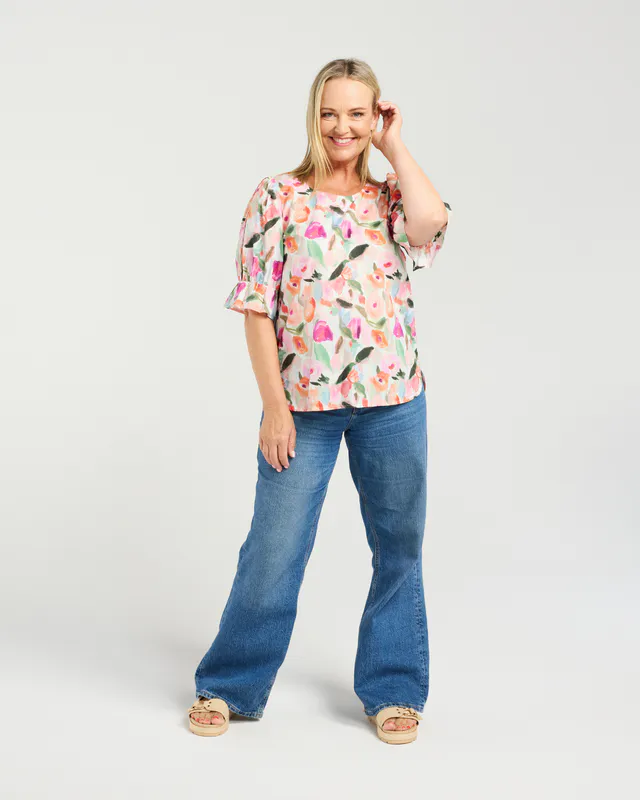 Model wearing Soft Bloom Sadie Top By Seduce Available at Beetees Nelson