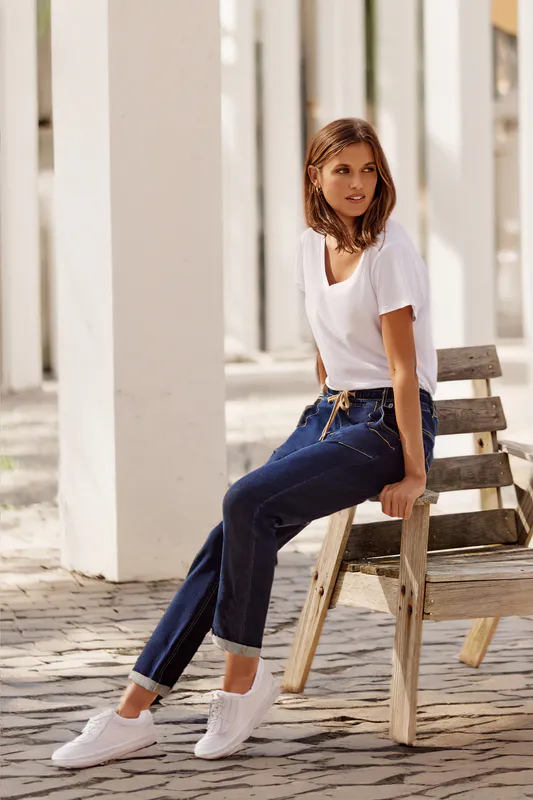 Model wearing Indigo coloured LTL Boyfriend Jean - NO TAPE By Lania available at Beetees Nelson