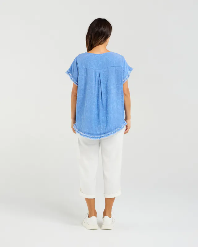 Model wearing Blue Lilah Top By Seduce Available at Beetees Nelson