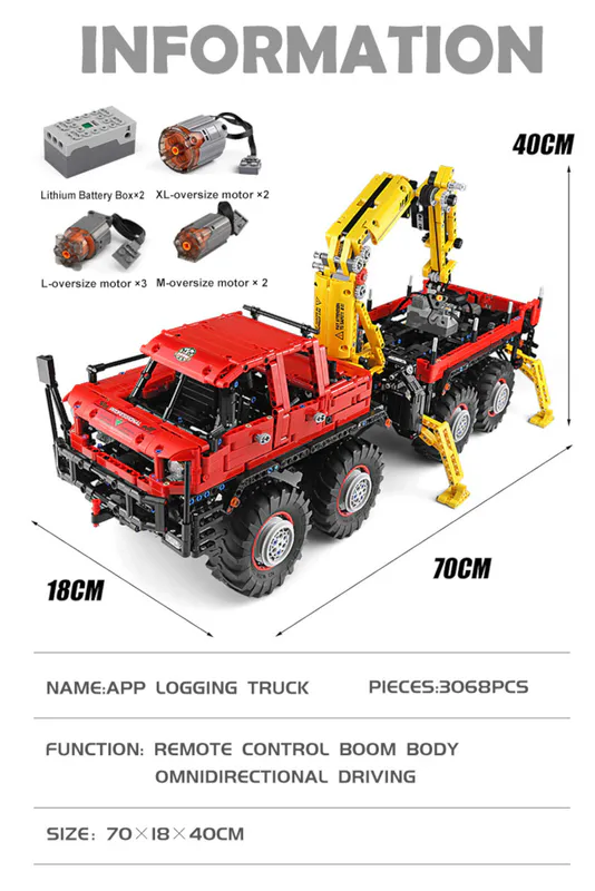 Behold the impressive Toy Code 13146 from Mould King! This massive articulated logging truck, made entirely of building blocks, is a marvel of construction and design.