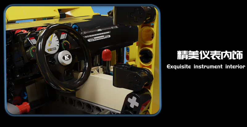 The yellow sports car is a sleek and vibrant model constructed entirely out of building blocks. It comes equipped with a battery-powered engine and advanced remote control features