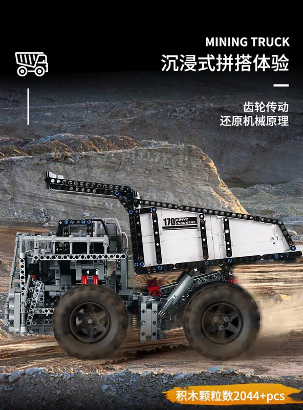 mining truck crafted from over 2044 plastic building blocks on sale on brixbros-store.com with amazing features and great size impression for your perusal.