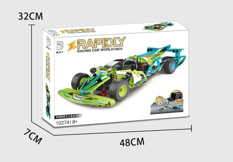 building block formula 1 racing car. Amazing built with many pieces. Green color. ABS Material on brixbros-store.com. satisfying product. entertaining. fabulous. Code is 10274. Pullback motor.