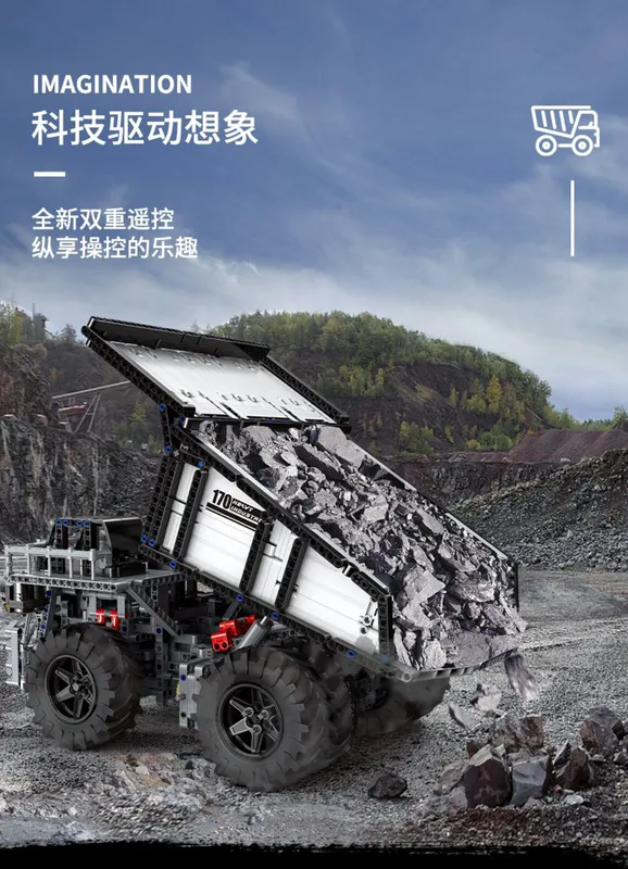 mining truck crafted from over 2044 plastic building blocks on sale on brixbros-store.com with amazing features and great size impression for your perusal.