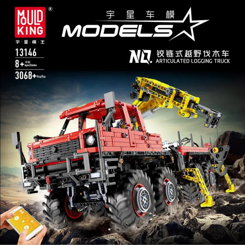 Behold the impressive Toy Code 13146 from Mould King! This massive articulated logging truck, made entirely of building blocks, is a marvel of construction and design.