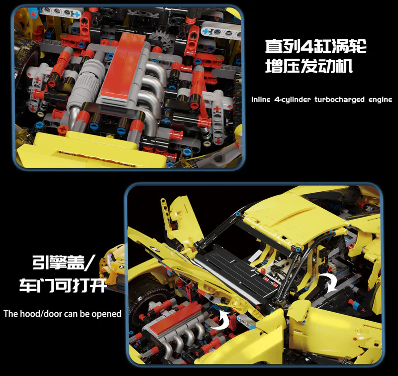 The yellow sports car is a sleek and vibrant model constructed entirely out of building blocks. It comes equipped with a battery-powered engine and advanced remote control features