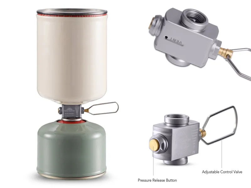 Isobutane gas cylinder transfer valve, shown installed to transfer gas from large full cylinder to small empty cylinder.