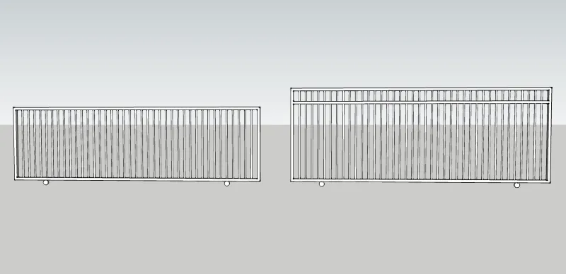Comparison 'Economy 40' design sliding gates at 1.5m height (right) versus 1.4m and lower heights (left)