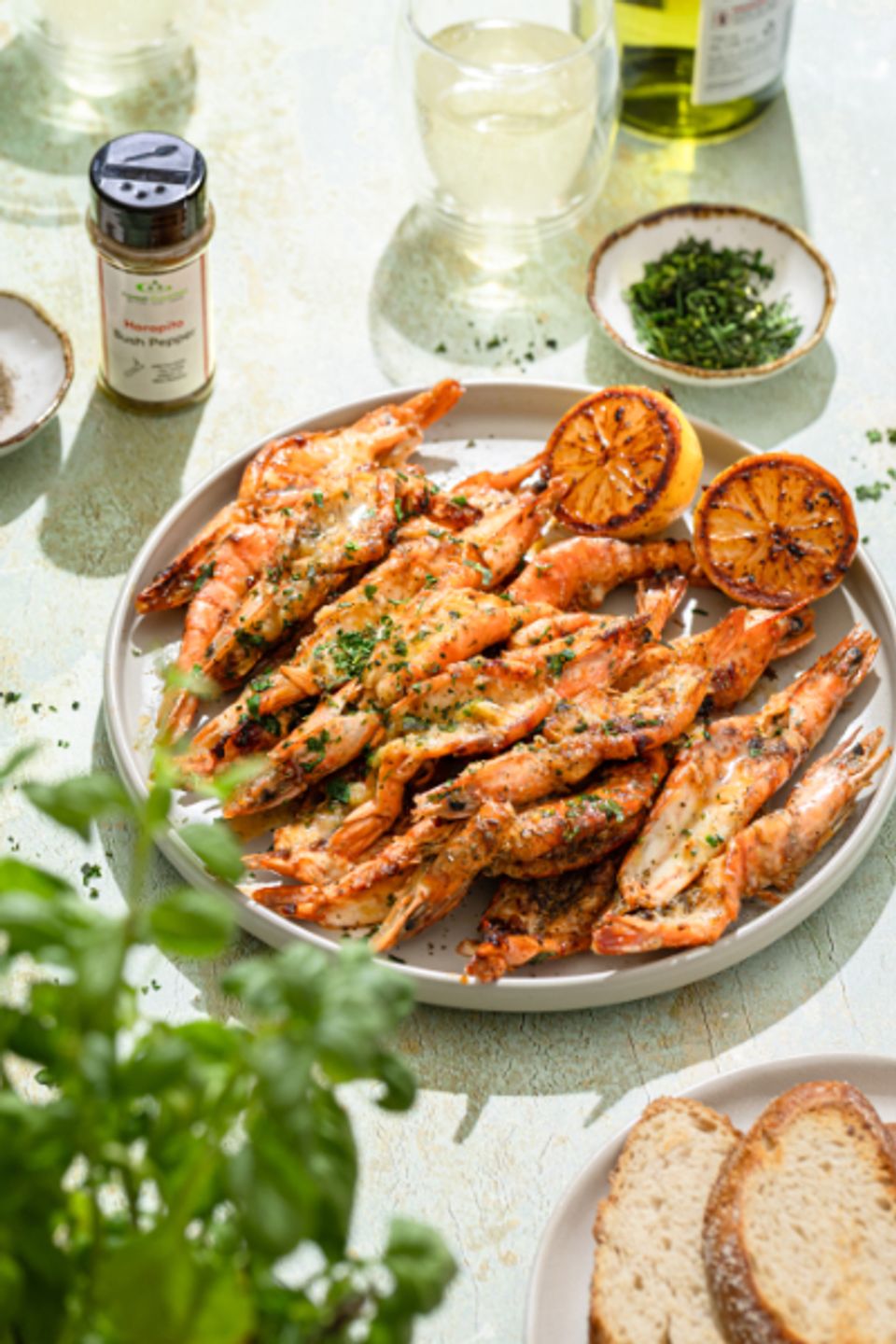 Horopito, Lemon & Garlic Butter Prawns on a plate
