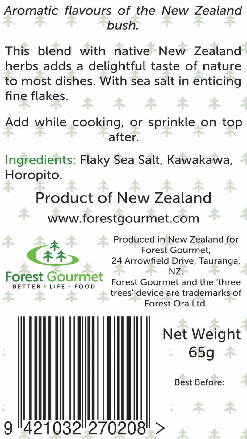 back label of Bush Herb Mix - with Horopito, Kawakawa, and flaky sea salt