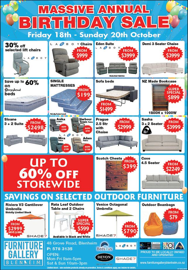 Furniture Gallery Blenheim Birthday Sale