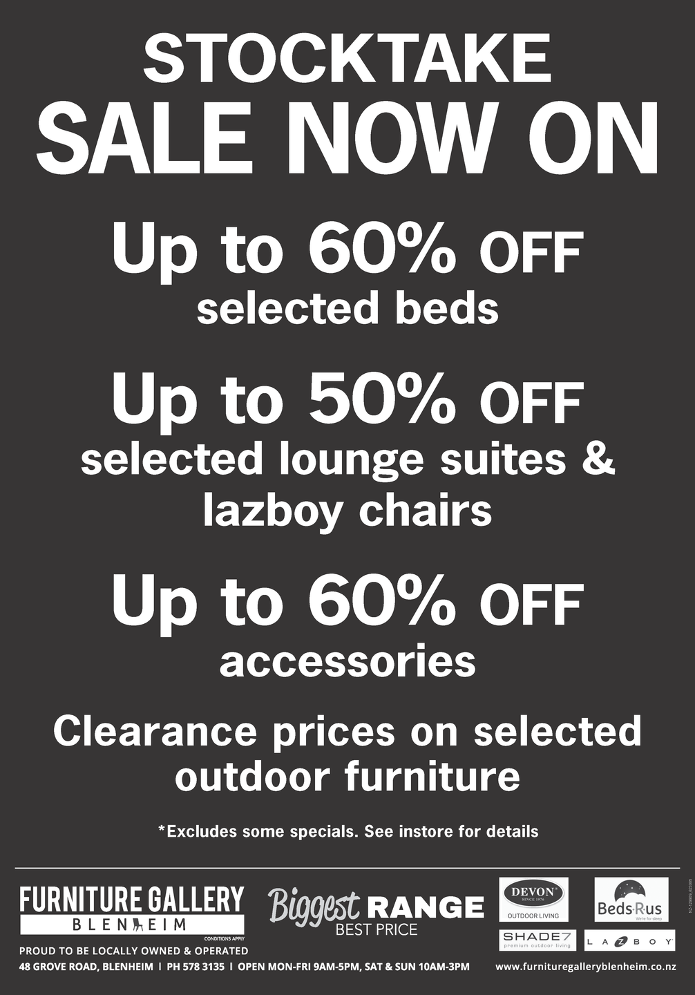 Furniture Gallery Blenheim Stocktake Sale now on!