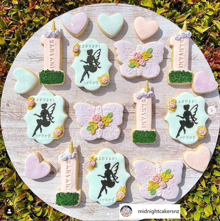 Midnight Cakers cookies using the ibicci sitting fairy mesh stencil
