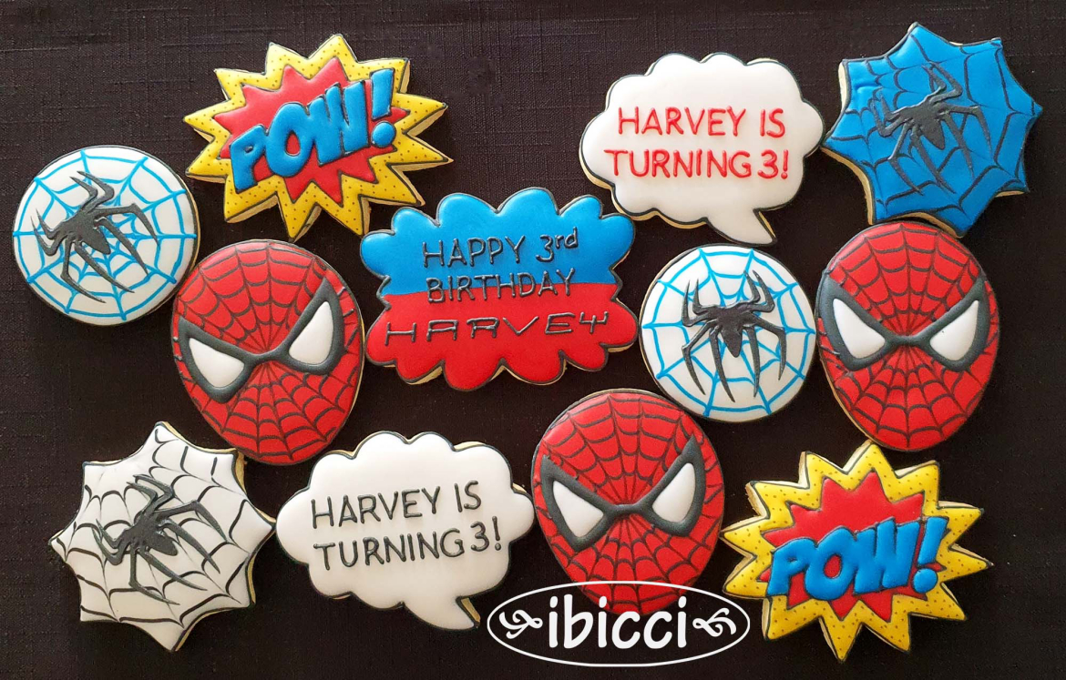 ibicci 3rd Birthday cookies using the Spider logo stencil