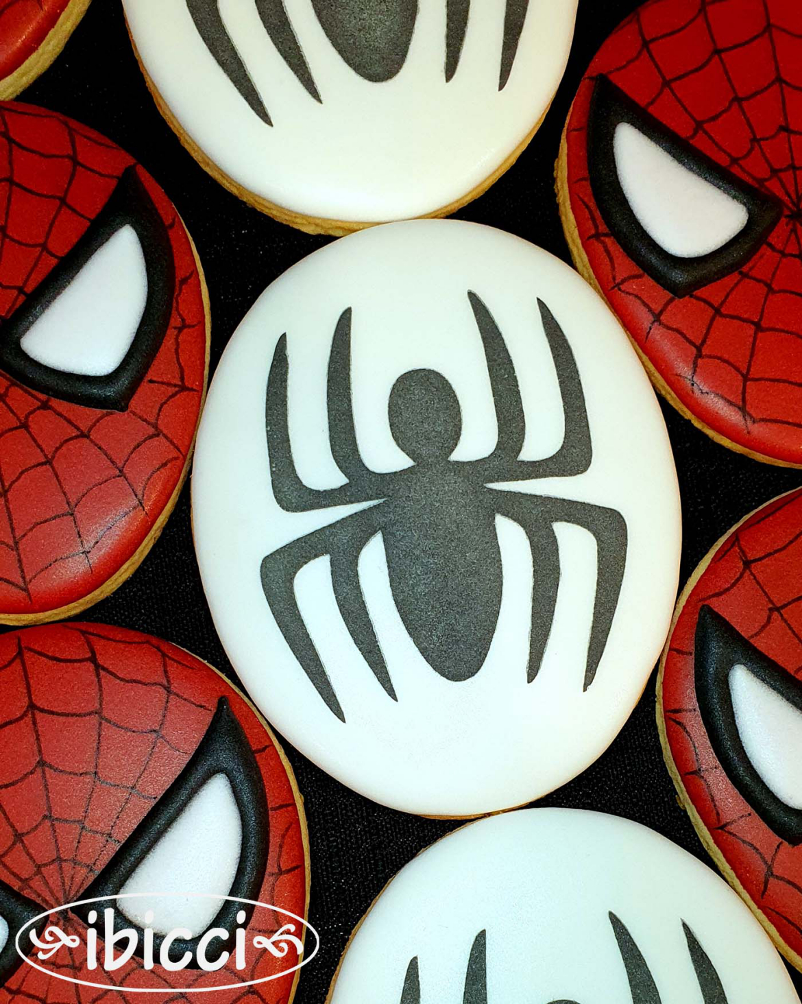 ibicci Spiderman cookies showing the Spiderman rounded logo spider stencil