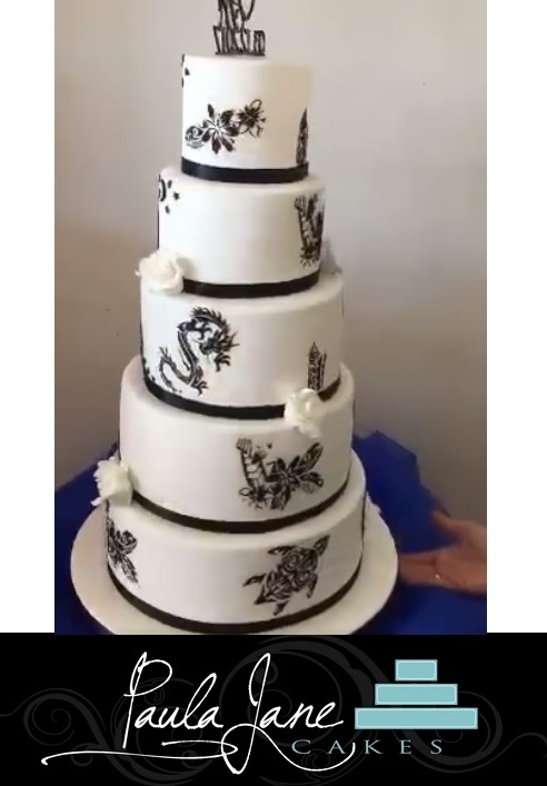 Paula Jane Cakes wedding cake using the ibicci Tribal Turtle and Dragon stencils