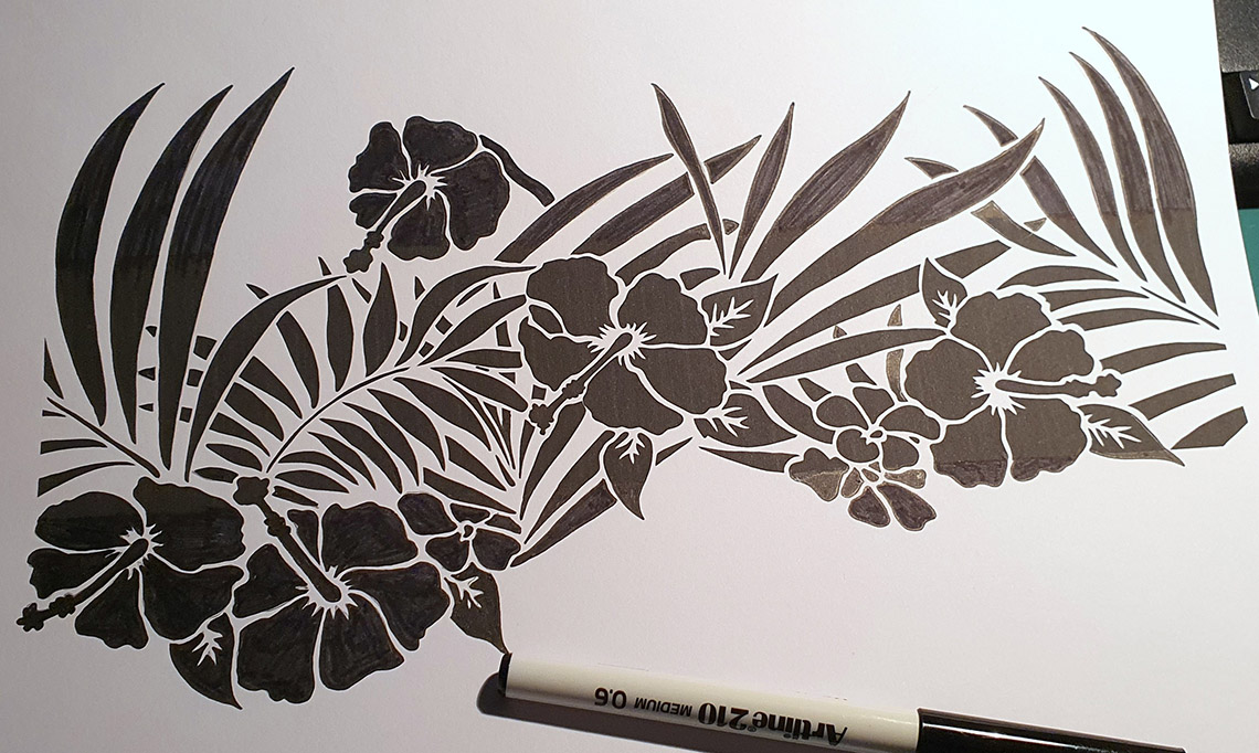 ibicci Hibiscus Swag strip inked in, ready for design program