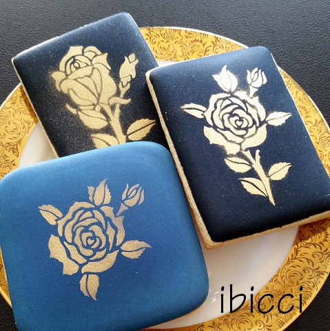 Gold airbrushed cookies using the ibicci Roses Collection stencils