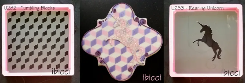 ibicci Tumbling Block stencil shown with completed cookie and Rearing Unicorn stencil