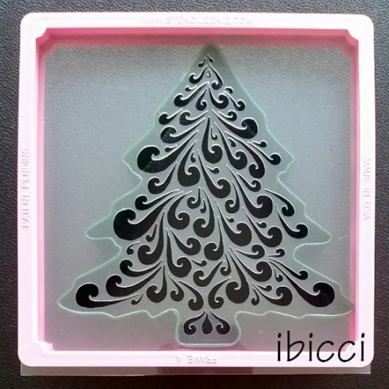 ibicci Christmas Swirl Tree stencil shown against large green tree cutter. Note: Green Tree cutter is NOT available. See Red Tree options
