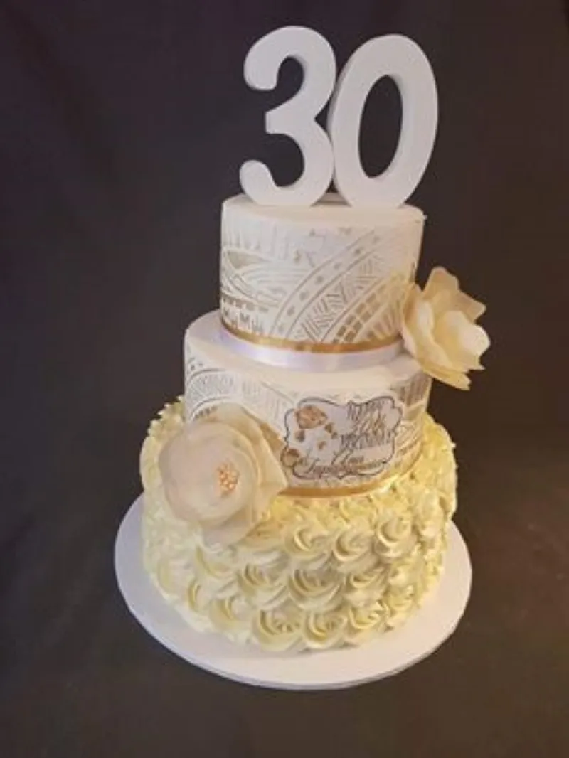 Auckland's Pietra 13 cake using the Polynesian Pattern Cake stencil on a beautiful 30th Cake