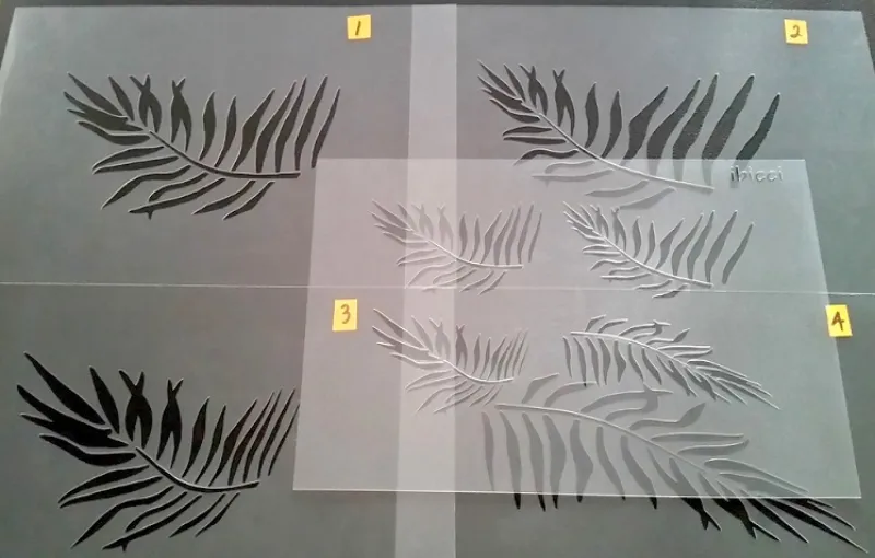 ibicci Coconut Leaves Cake stencils Leaves 1-4 showing cookie stencil on top