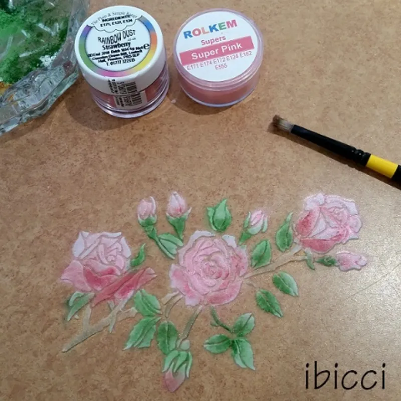 ibicci Rose Spray, stencilled in white royal then 'painted' with dusts