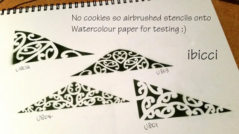 ibicci Maori triangle stencils airbrushed on watercolour paper