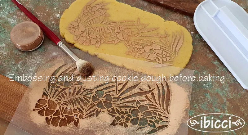ibicci Hibiscus Swag cookie stencil embossed and dusted onto dough pre baking