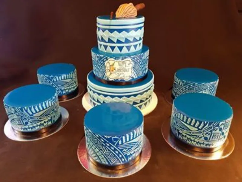 Auckland's Pietra 13 cake using the Polynesian Pattern Cake stencil on a stunning group of cakes