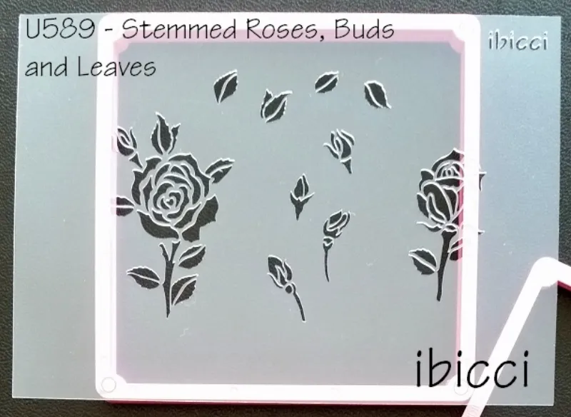 ibicci 1 part Rose Stem, buds and leaves stencil (shown against Stencil Genie)