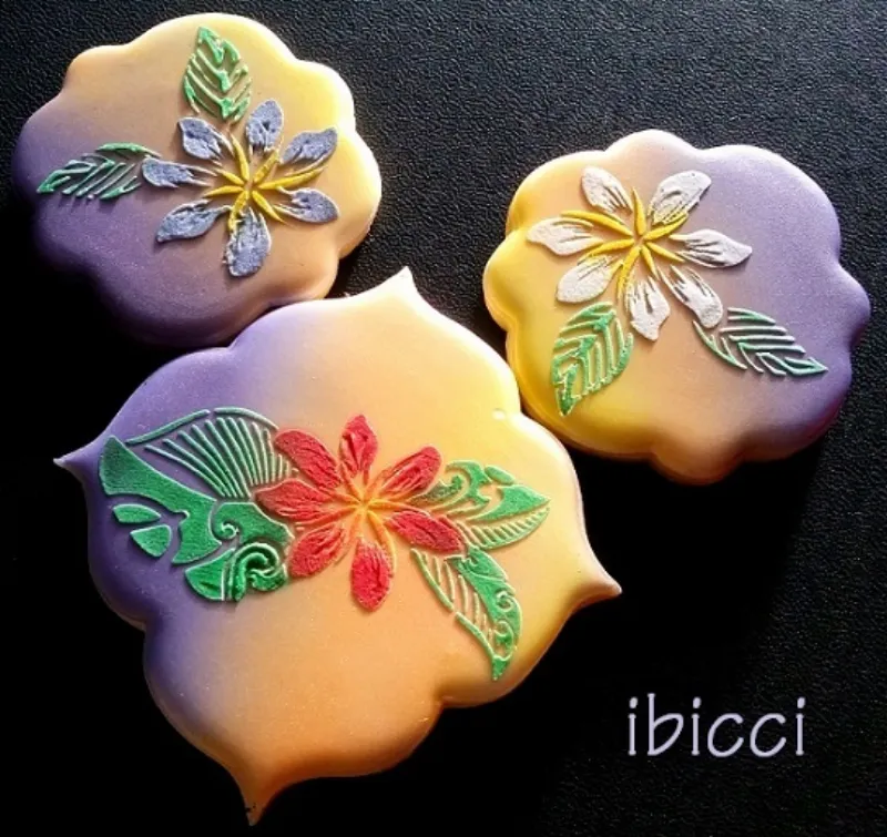 ibicci Polynesian Flower Cookies Stencilled and airbrushed using the Flower stencils