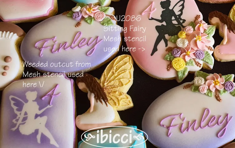 ibicci Fairy Birthday cookies using the Sitting Fairy Mesh stencil