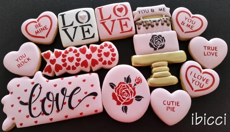 ibicci Valentine cookies including the love script stencil