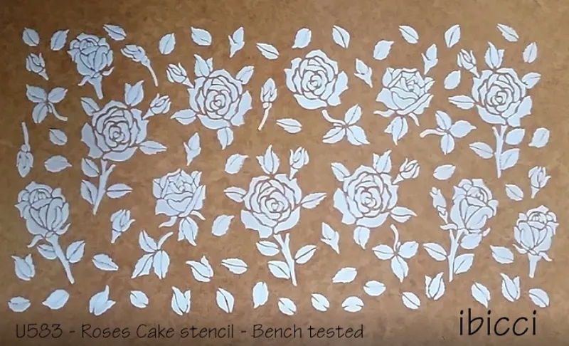 ibicci Rose & Leaves Cake stencil - Tested on bench (no cakes here!)
