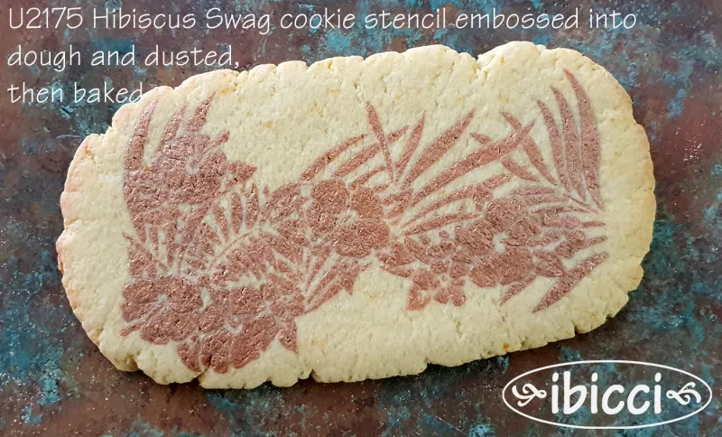ibicci Hibiscus Swag cookie stencil embossed and dusted onto cookie - a bit of fun