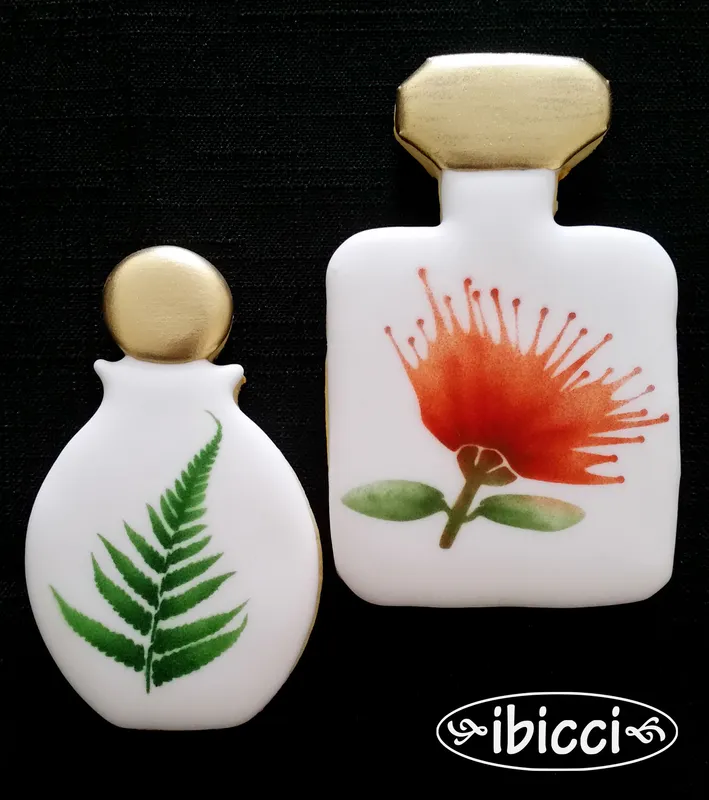 ibicci Perfume bottle cookies using the Pohutukawa Flower and Fern stencils