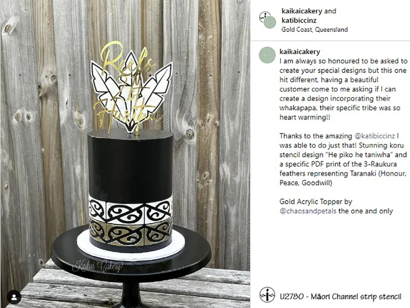 ibicci Maori Channel strip stencil on cake by Kaikai Cakery