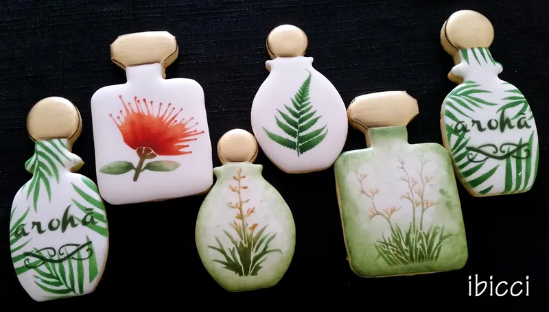 ibicci Perfume bottle cookies using the Pohutukawa Flower, Fern and Flax stencils