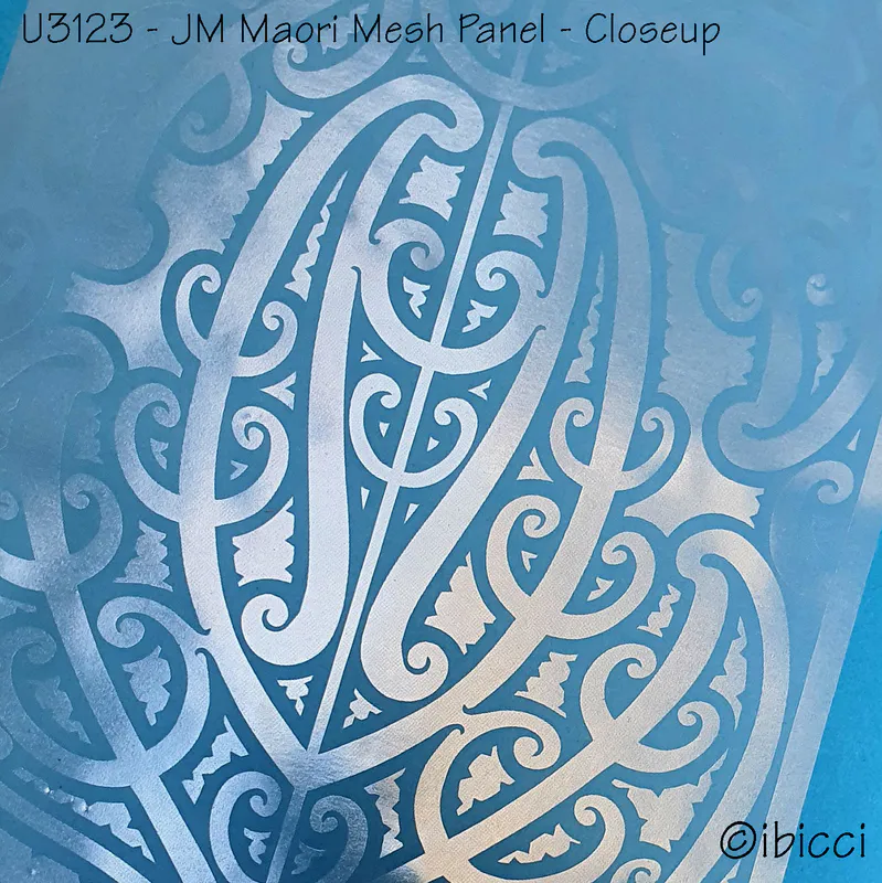 ibicci JM Māori Panel Mesh Stencil - closeup on blue background