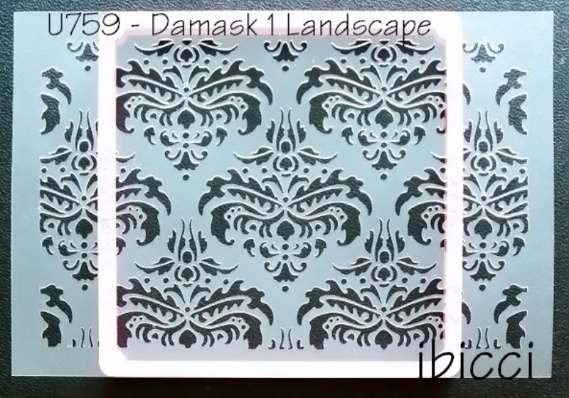 ibicci Damask Cookie Stencil - Landscape Panel shown over Stencil Genie