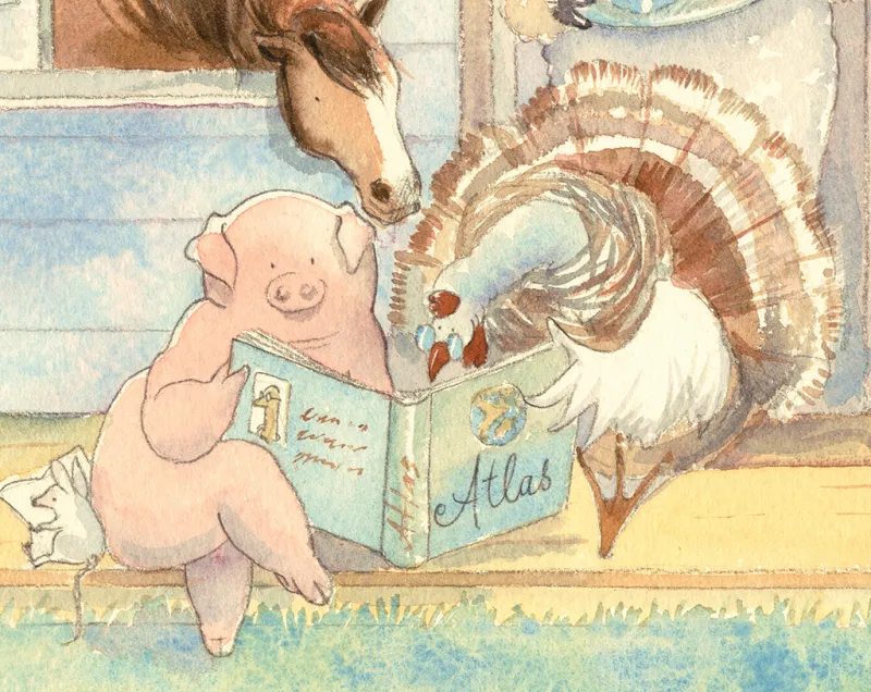 Pig and turkey looking at an atlas