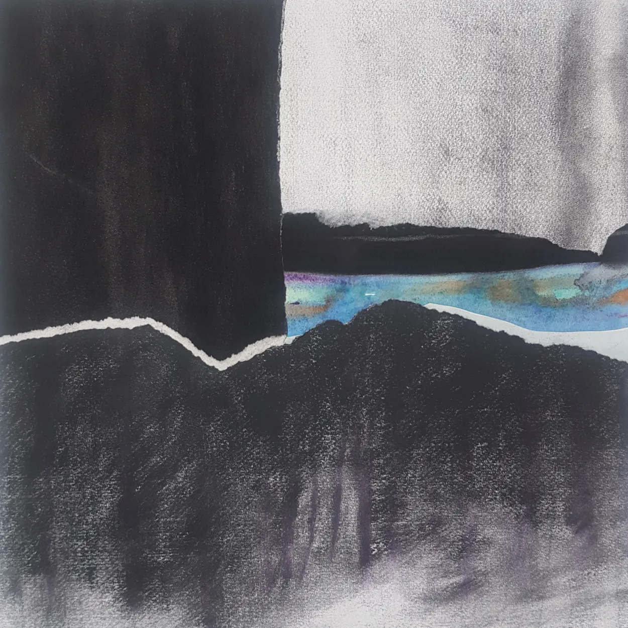 'Beauty on the water' watercolour, charcoal, pastel on paper; collage on panel 400x400mm